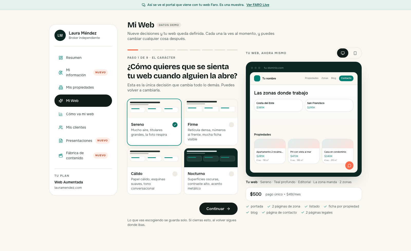Pantalla de Mi Web en FARO 0.5 preparada con datos de muestra
